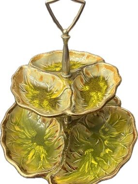 Two-Tier Ceramic Serving Stand in Green and Gold